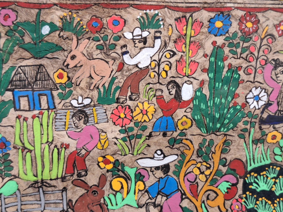 Mexicaans volkskunst schilderij op amatepapier - panoramisch dorps- en oogsttafereel - foto 6