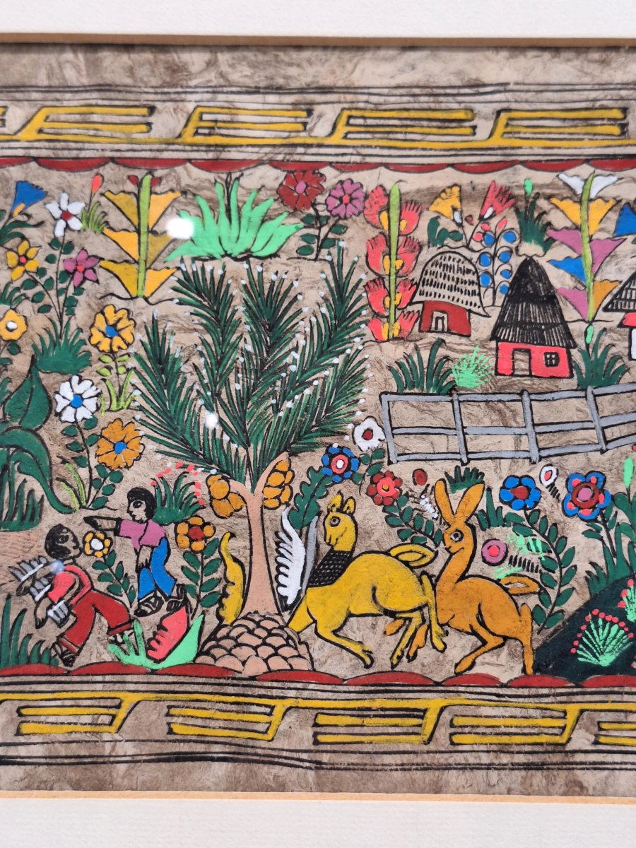 Mexicaans volkskunst schilderij op amatepapier - panoramisch dorps- en oogsttafereel - foto 8