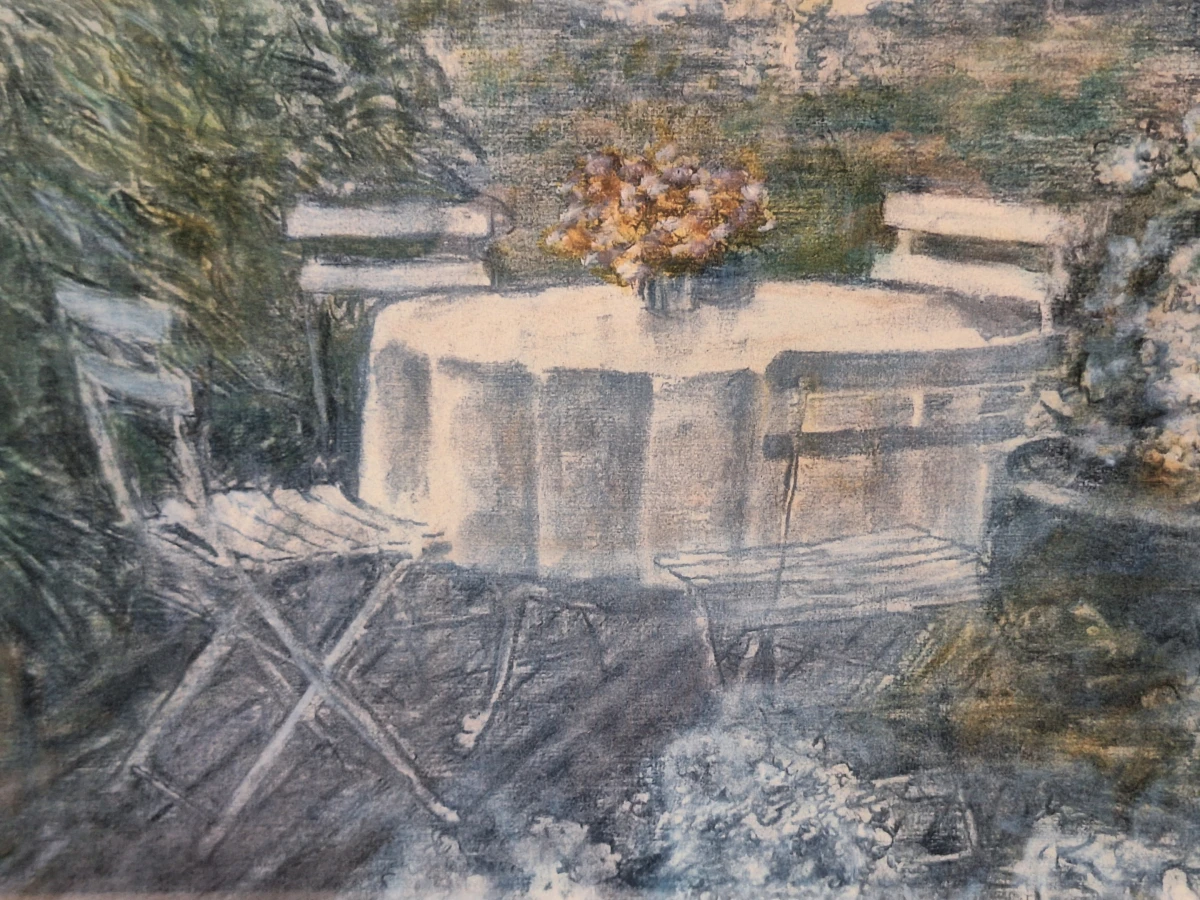 Sfeervol kunstwerk "Trafalgar / Tuinterras" door Piet Bekaert (1994) - impressionistisch tuintafereel - foto 8