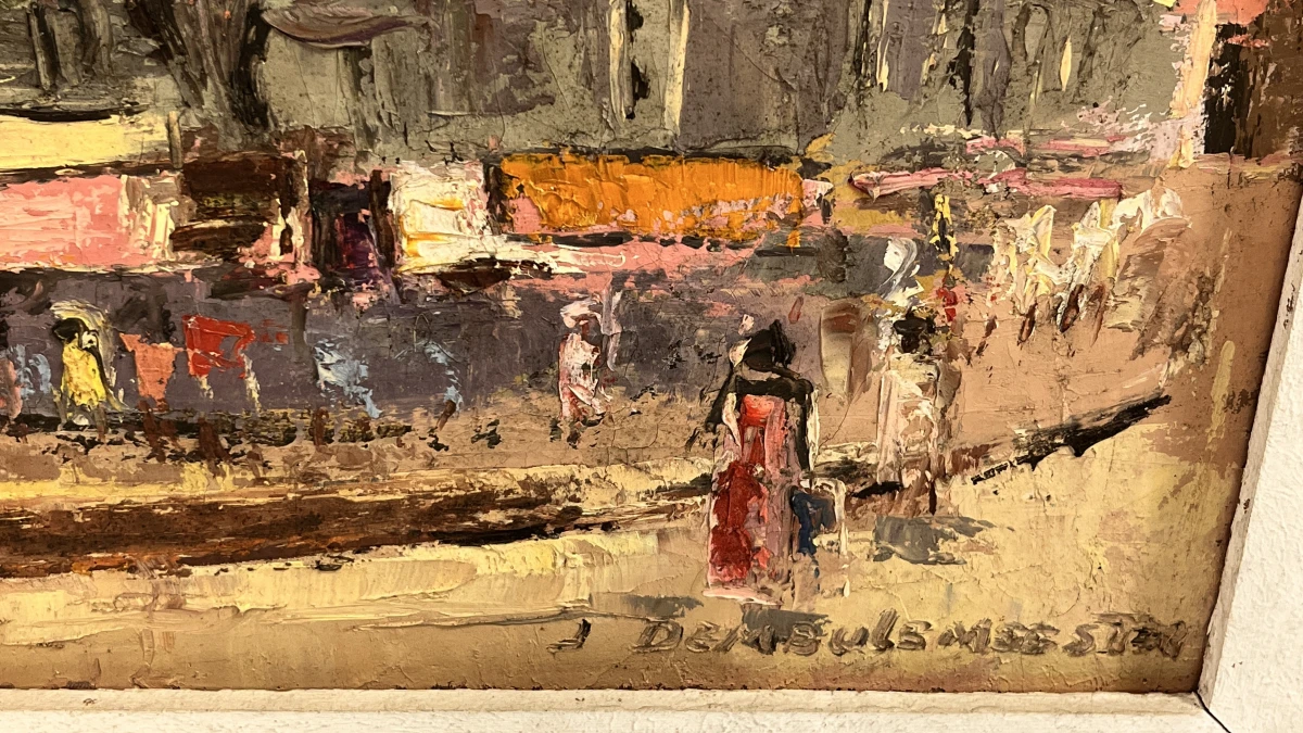 Origineel Impasto Olieverfschilderij "Stadsgezicht met Kerk", gesigneerd J. Demeulemeester - foto 4