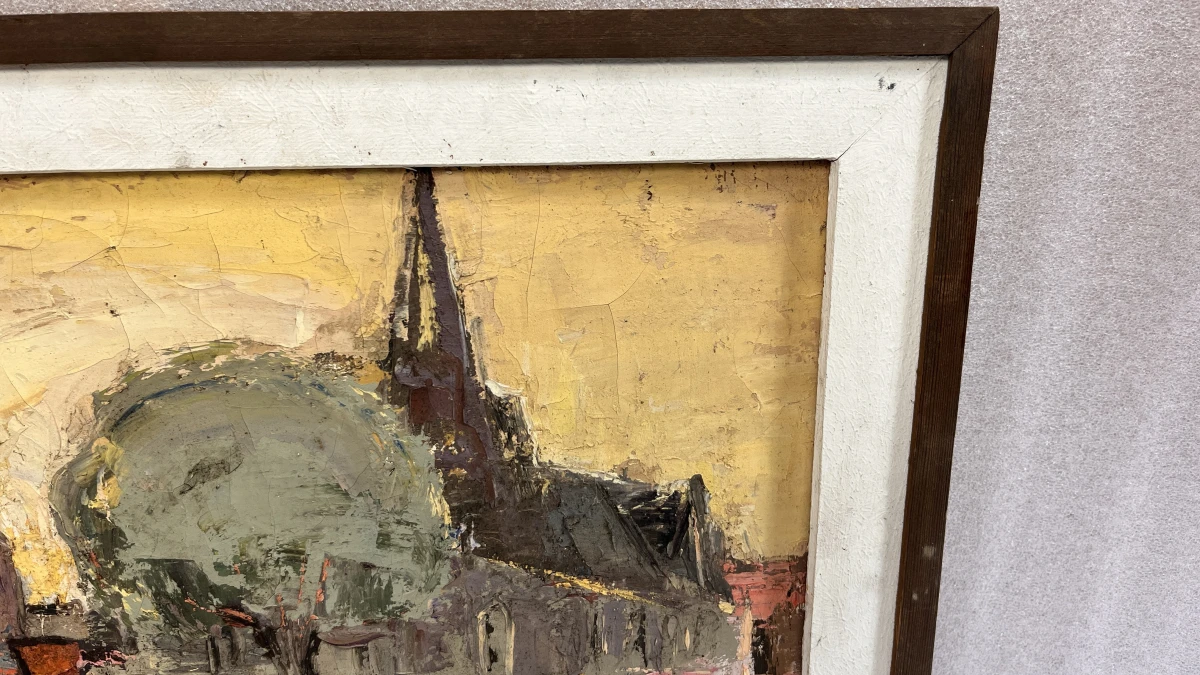 Origineel Impasto Olieverfschilderij "Stadsgezicht met Kerk", gesigneerd J. Demeulemeester - foto 2