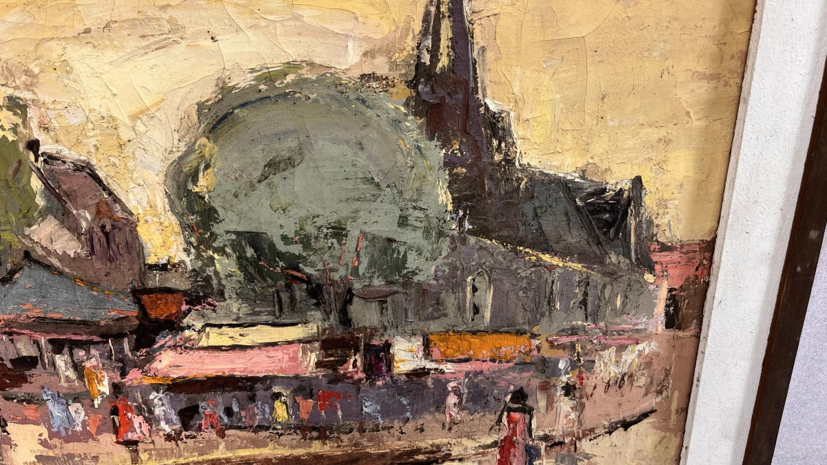 Origineel Impasto Olieverfschilderij "Stadsgezicht met Kerk", gesigneerd J. Demeulemeester - foto 3