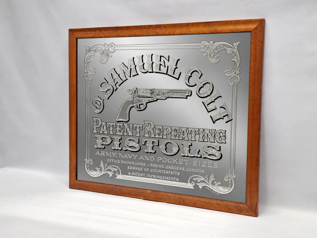Vintage reclamespiegel "Samuel Colt Patent Repeating Pistols" - pubspiegel in houten lijst - foto 3