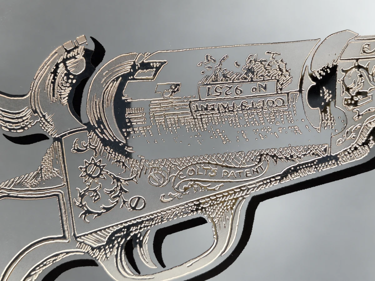 Vintage reclamespiegel "Samuel Colt Patent Repeating Pistols" - pubspiegel in houten lijst - foto 7