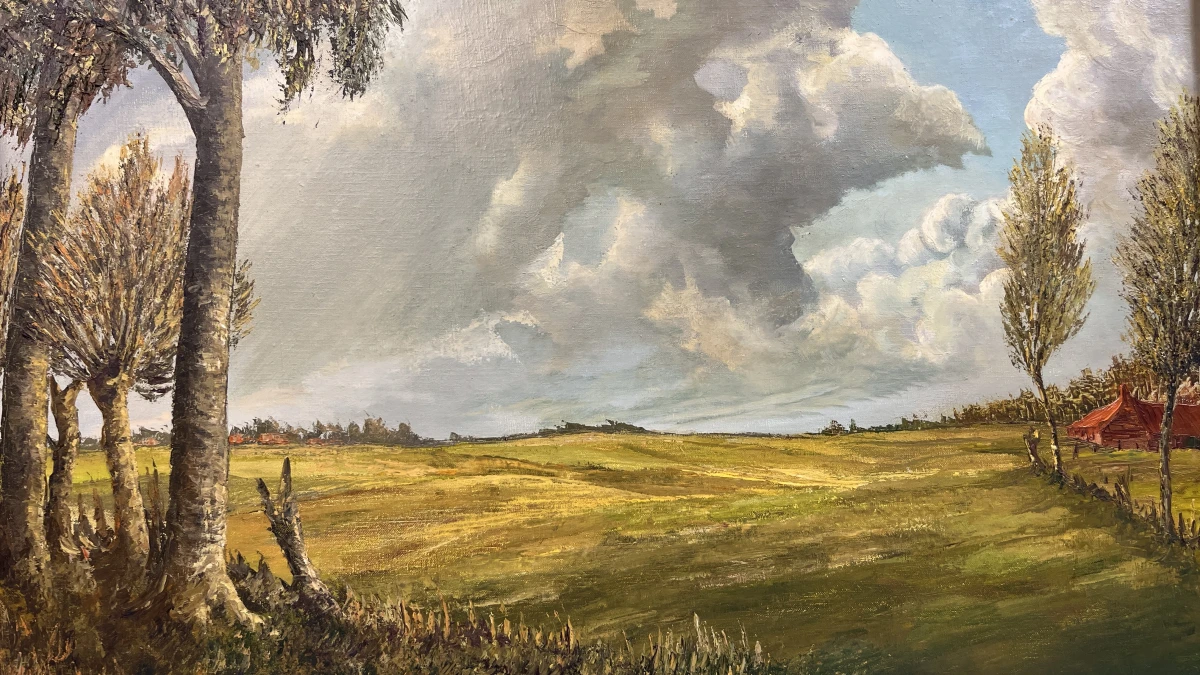 Groot Origineel Olieverfschilderij "Weids Landschap met Boerderij", gesigneerd R. V. D. Berge - foto 2