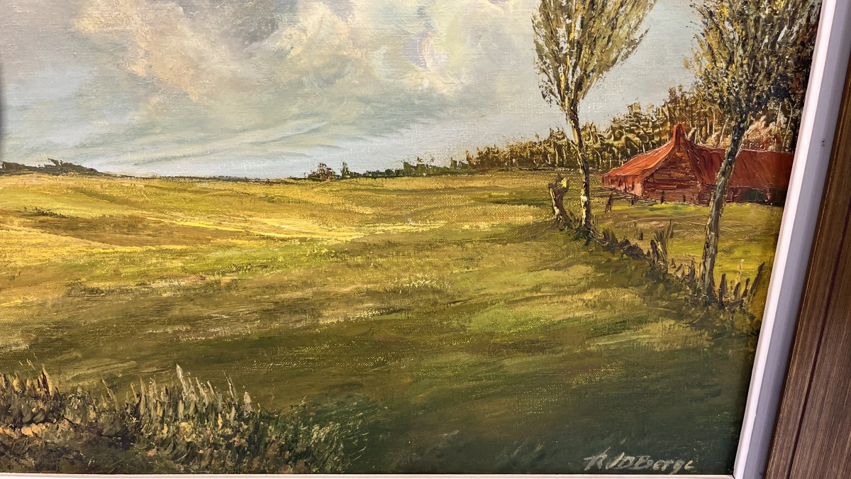 Groot Origineel Olieverfschilderij "Weids Landschap met Boerderij", gesigneerd R. V. D. Berge - foto 3
