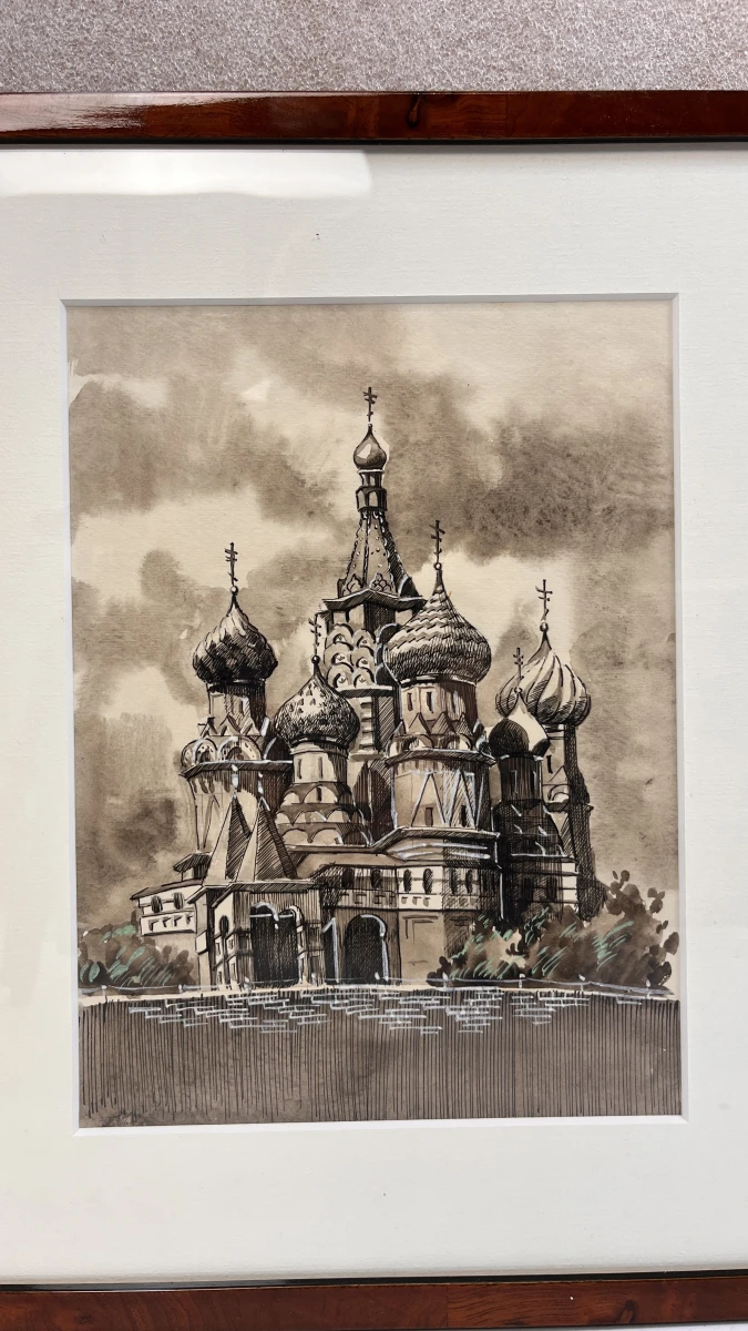 Ingelijste Architecturale Tekening in Sepia "Orthodoxe Kathedraal" (Kunsthandel Ter Reie, Brugge) - foto 2