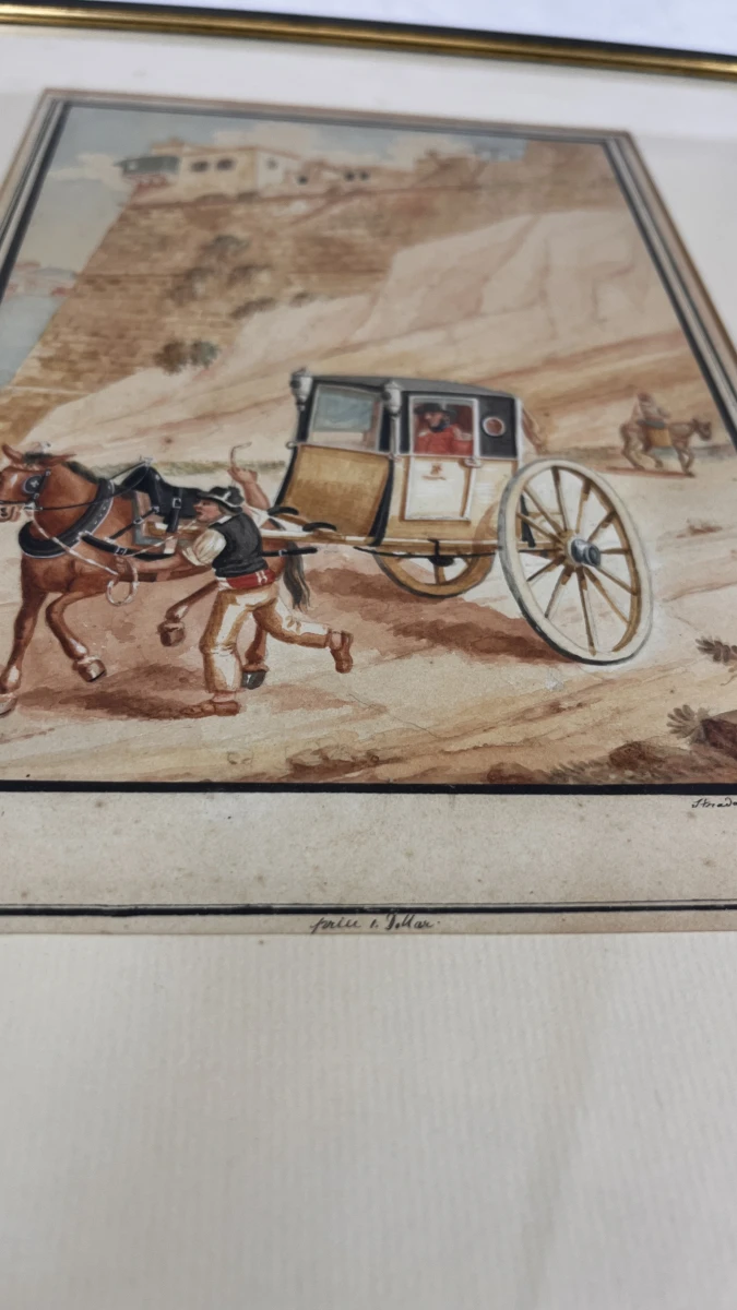 Antieke ingelijste lithografie naar C.F. von Brockdorff – Maltees rijtuig (Calesse) bij Strada Reale, 19e eeuw - foto 5