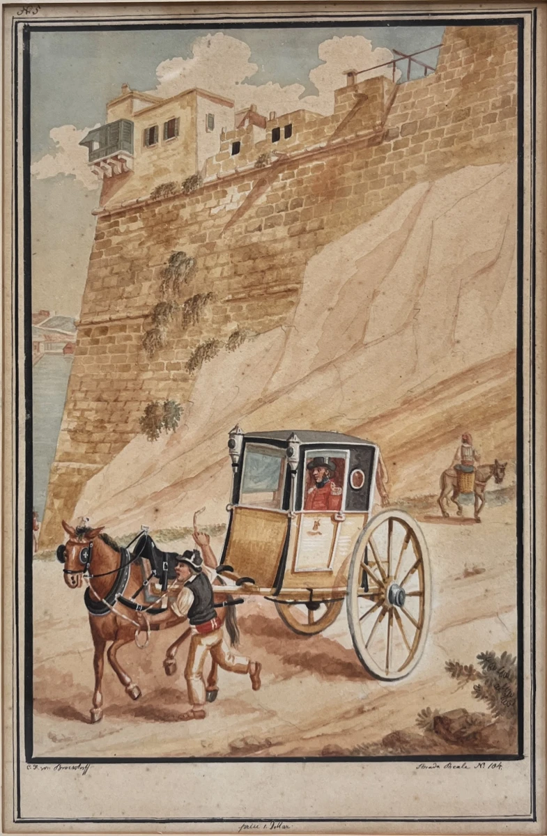 Antieke ingelijste lithografie naar C.F. von Brockdorff – Maltees rijtuig (Calesse) bij Strada Reale, 19e eeuw - foto 2