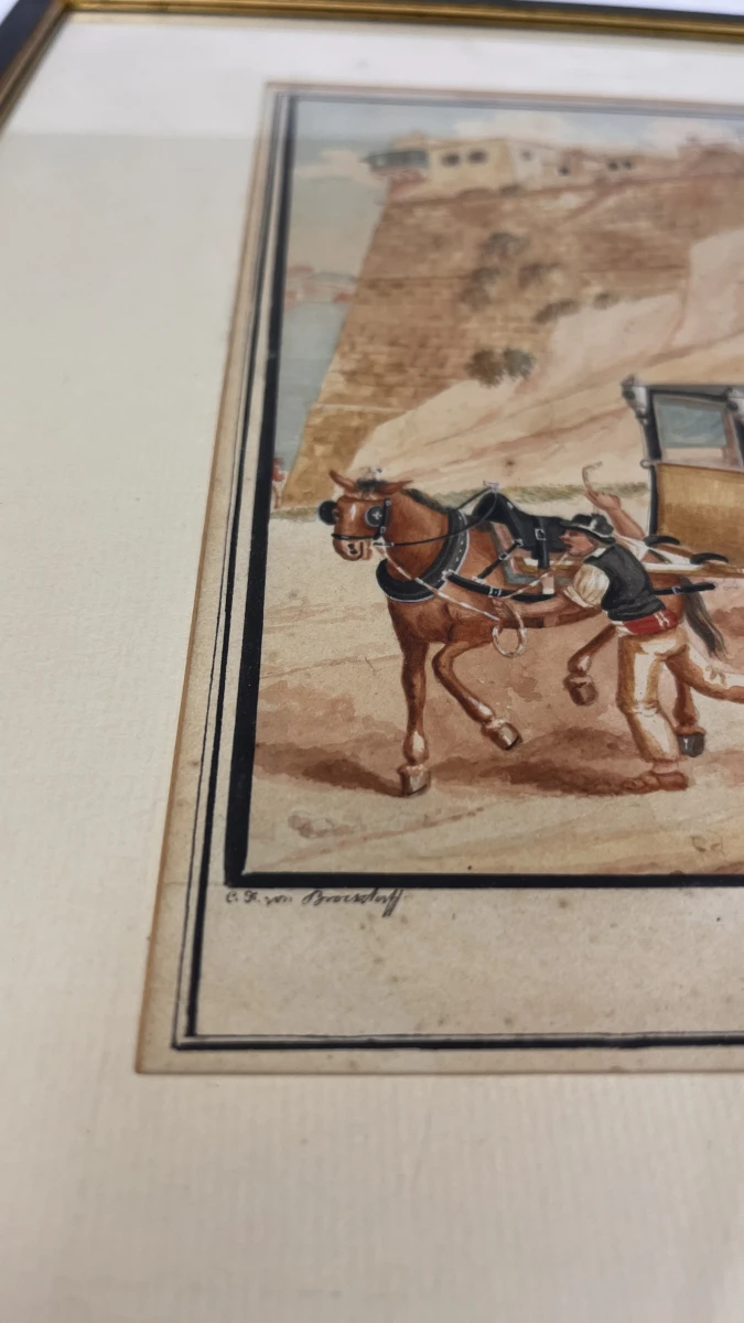 Antieke ingelijste lithografie naar C.F. von Brockdorff – Maltees rijtuig (Calesse) bij Strada Reale, 19e eeuw - foto 4
