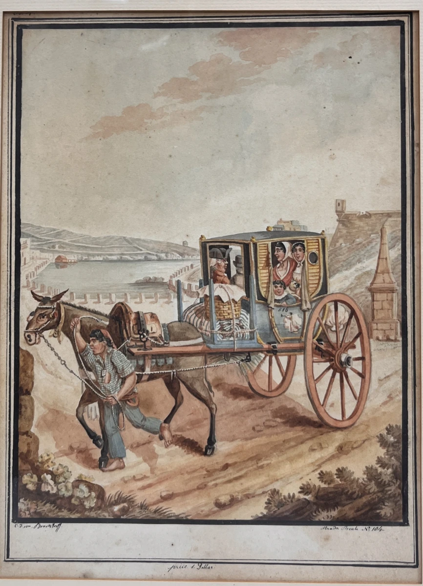 Antieke ingelijste prent naar C.F. von Brockdorff – Maltees rijtuig (Calesse) bij de kust van Malta, 19e eeuw - foto 2