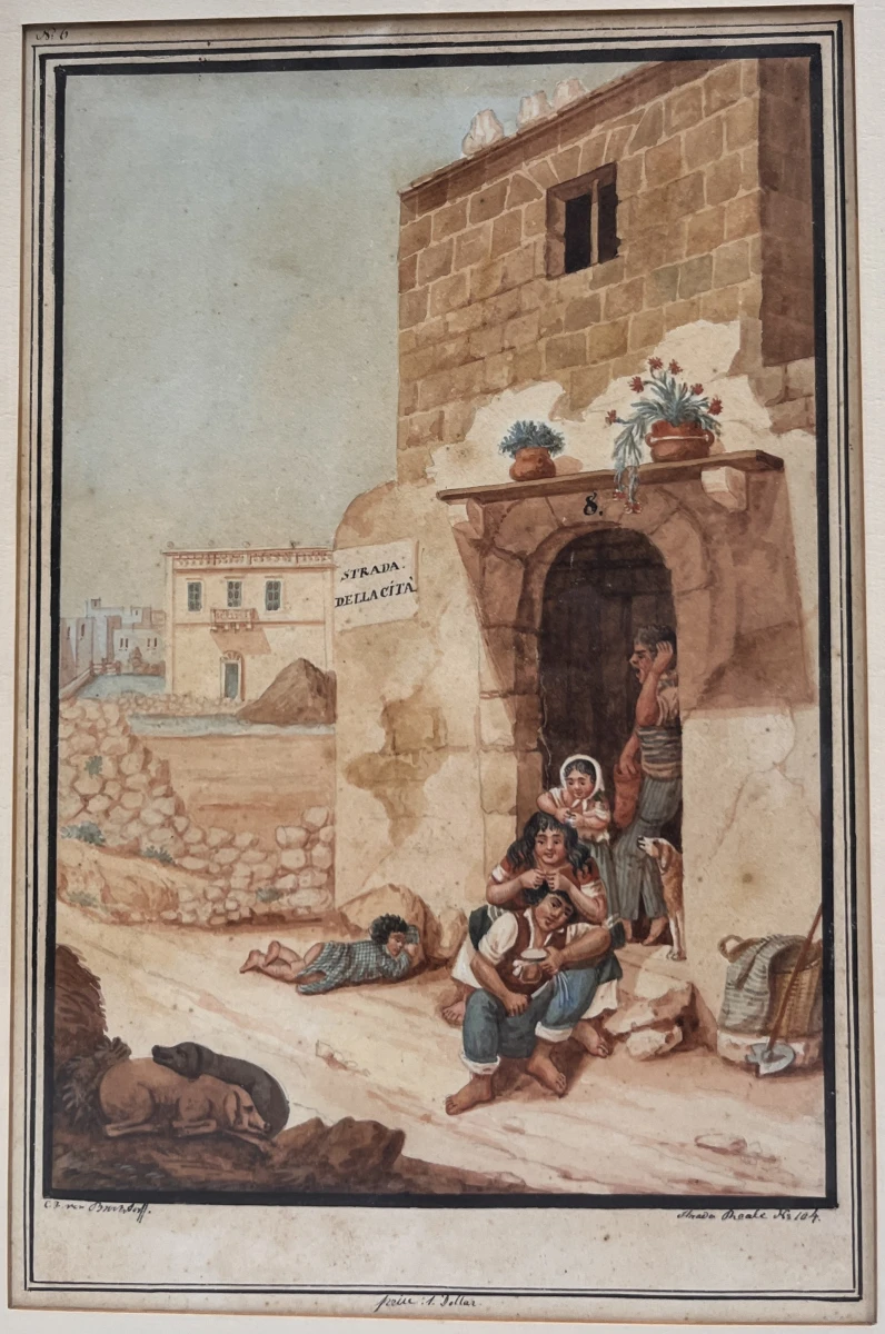 Antieke ingelijste lithografie naar C.F. von Brockdorff – Maltees straattafereel bij Strada della Città, 19e eeuw - foto 2