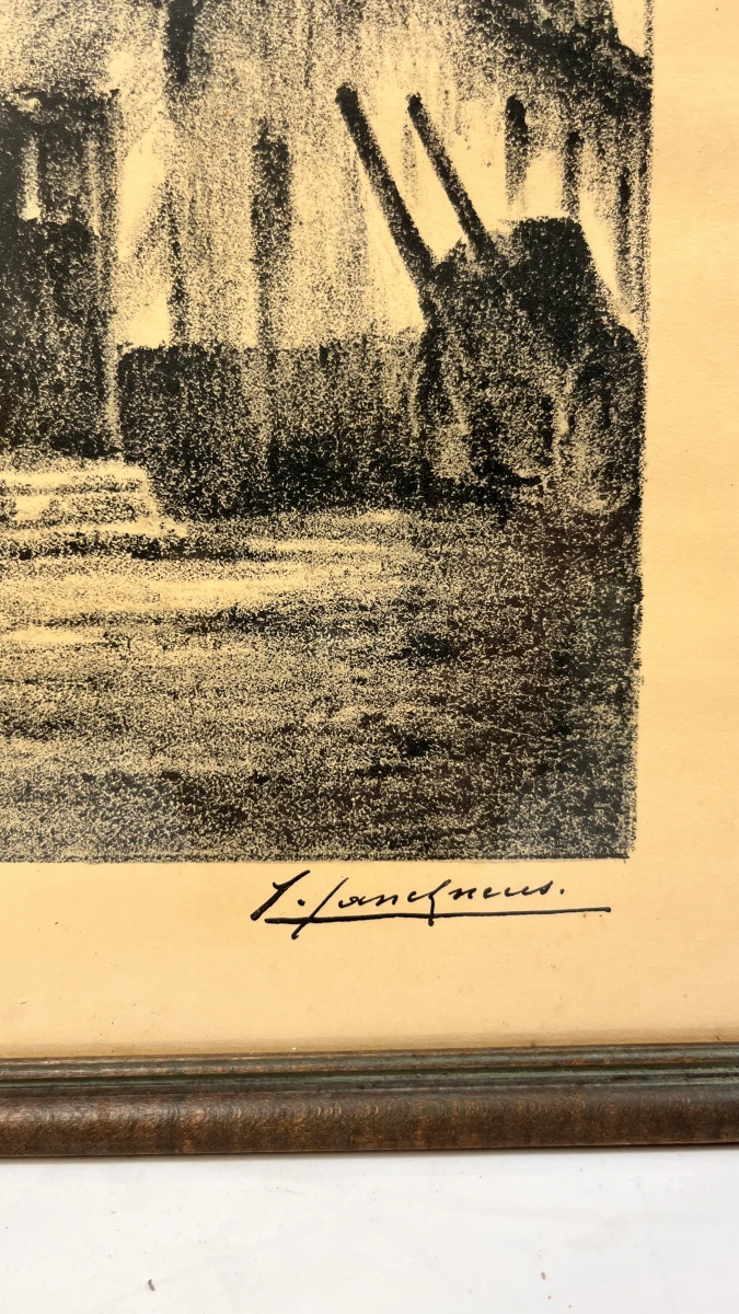 Vintage ingelijste houtskooltekening / lithografie – Landelijke Vlaamse hoeve, gesigneerd J./L. Janssens, midden 20e eeuw - foto 2