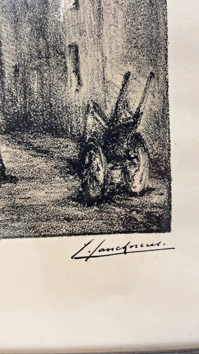 Vintage ingelijste lithografie / houtskooltekening – Historisch stadsgezicht met stadspoort, gesigneerd J./L. Janssens, midden 20e eeuw - foto 2