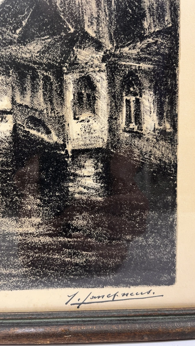Vintage ingelijste lithografie / houtskooltekening – Gezicht op de reien van Brugge (Rozenhoedkaai / Dijver), gesigneerd J./L. Janssens, midden 20e eeuw - foto 2
