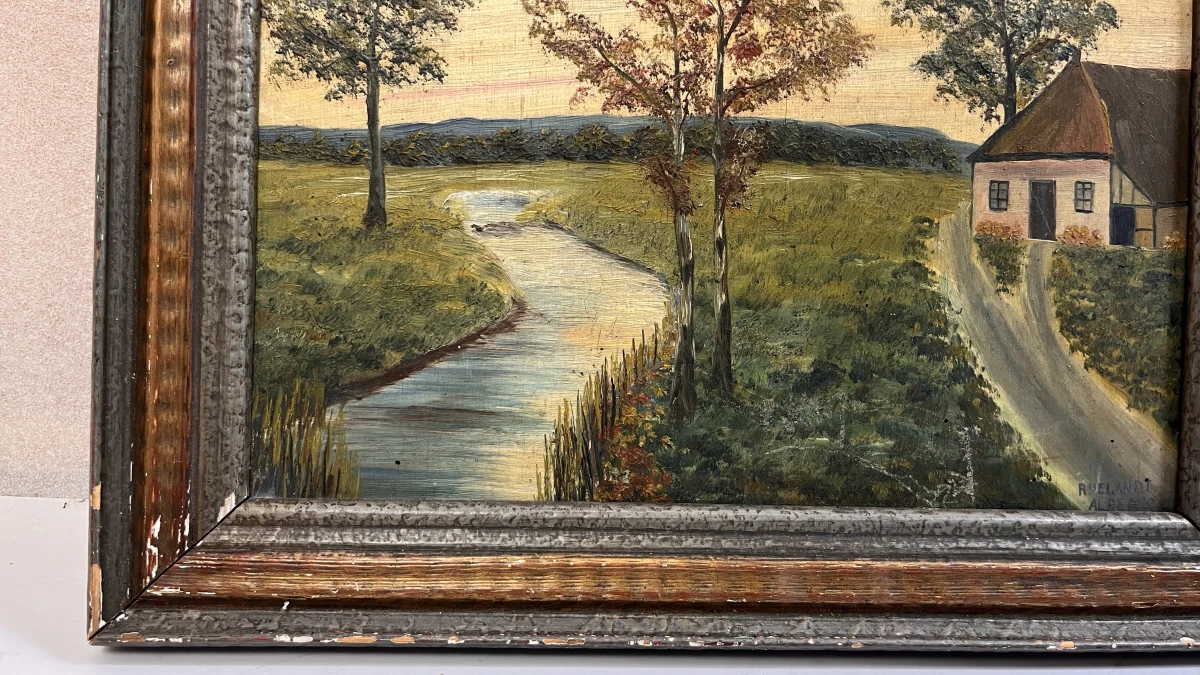 Antiek olieverfschilderij op paneel – Landelijk Vlaams rivierlandschap met hoeve, gesigneerd Albéric Ruelandt, gedateerd 1939 - foto 3