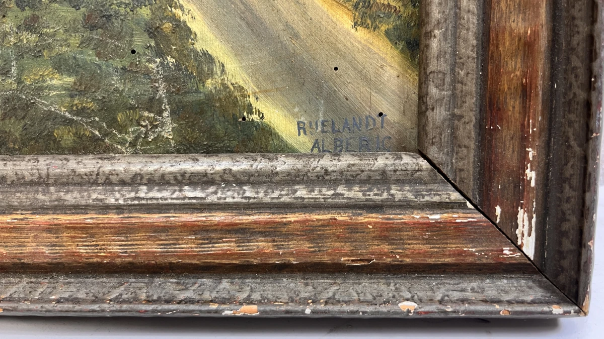 Antiek olieverfschilderij op paneel – Landelijk Vlaams rivierlandschap met hoeve, gesigneerd Albéric Ruelandt, gedateerd 1939 - foto 2