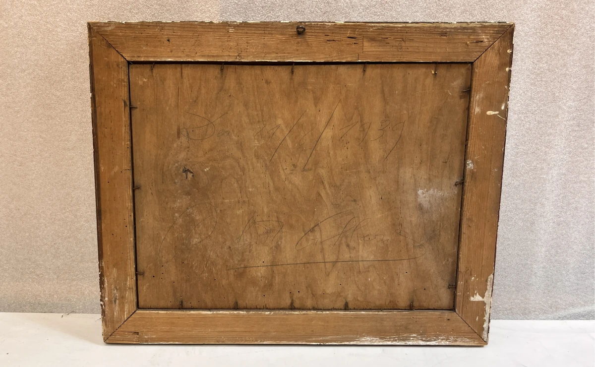 Antiek olieverfschilderij op paneel – Landelijk Vlaams rivierlandschap met hoeve, gesigneerd Albéric Ruelandt, gedateerd 1939 - foto 4