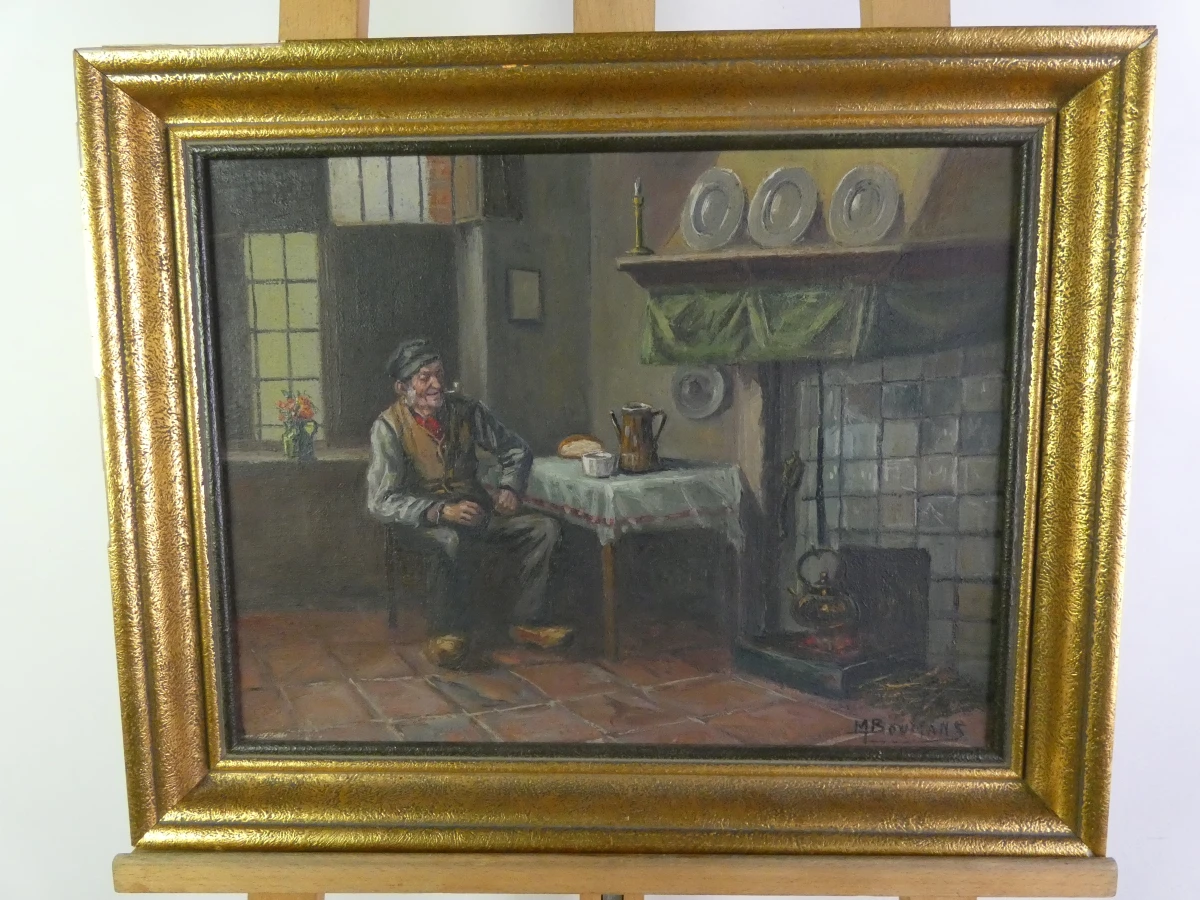Sfeervol olieverfschilderij - Boereninterieur met Pijprokende Man - M. Boumans - foto 2