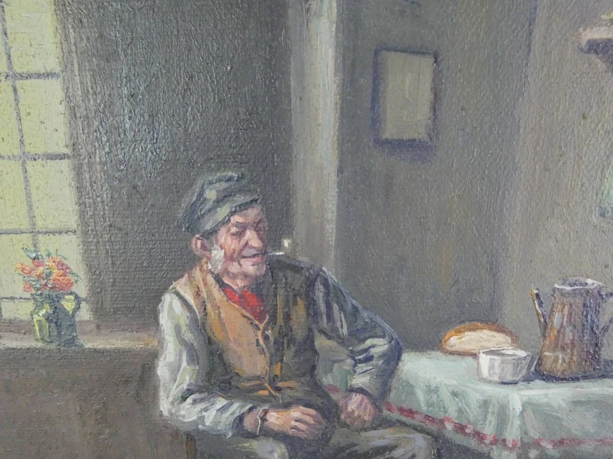 Sfeervol olieverfschilderij - Boereninterieur met Pijprokende Man - M. Boumans - foto 3