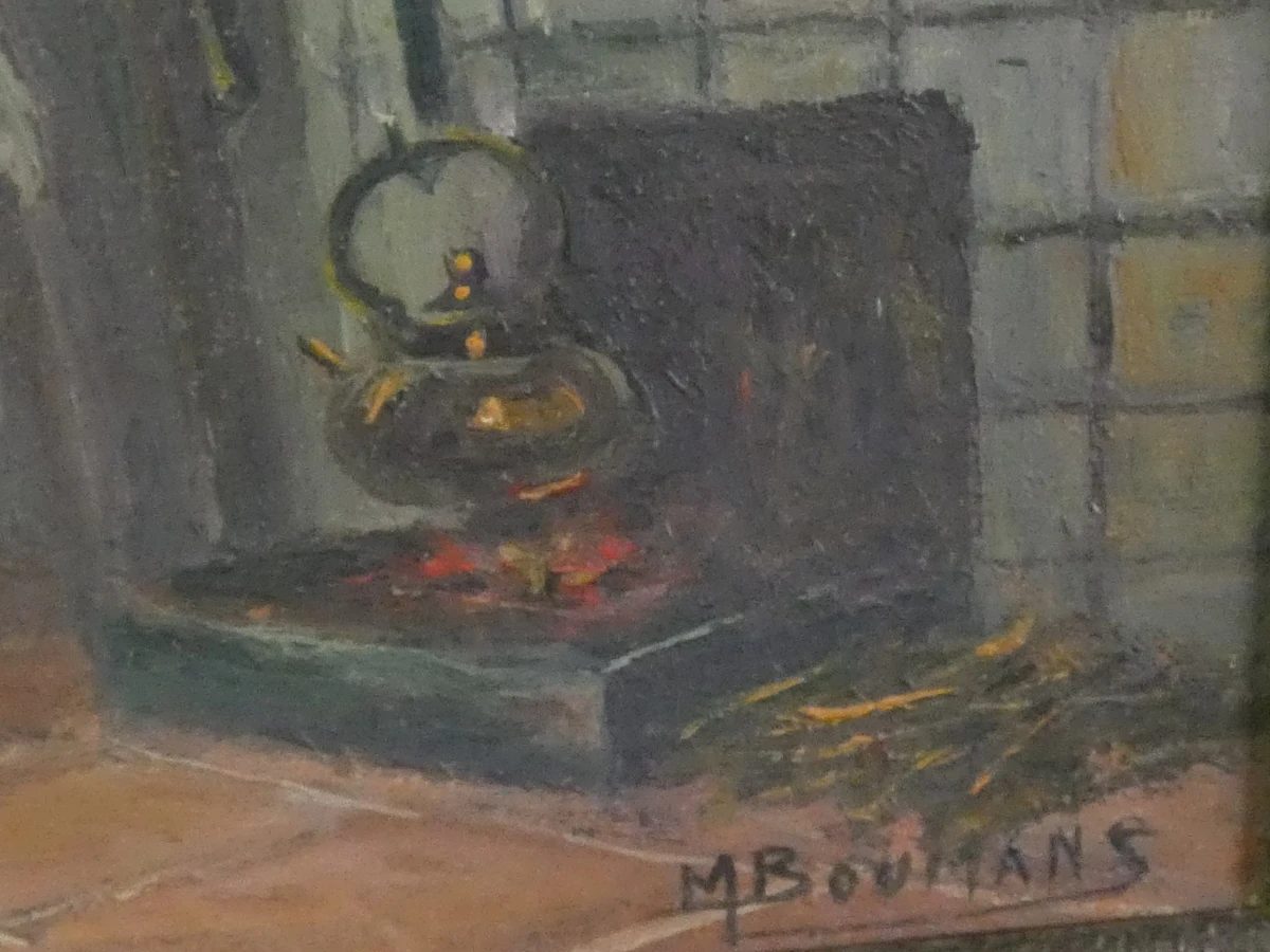 Sfeervol olieverfschilderij - Boereninterieur met Pijprokende Man - M. Boumans - foto 6