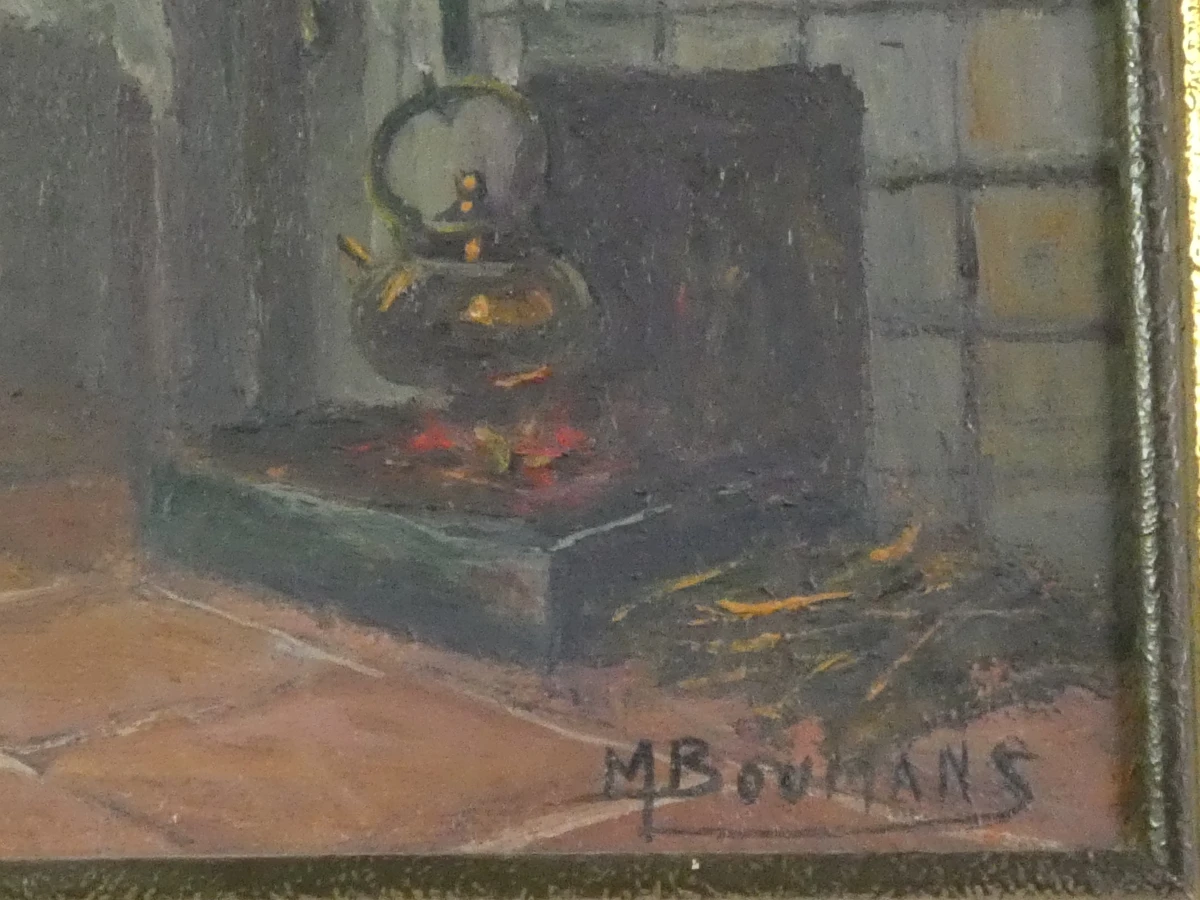 Sfeervol olieverfschilderij - Boereninterieur met Pijprokende Man - M. Boumans - foto 9
