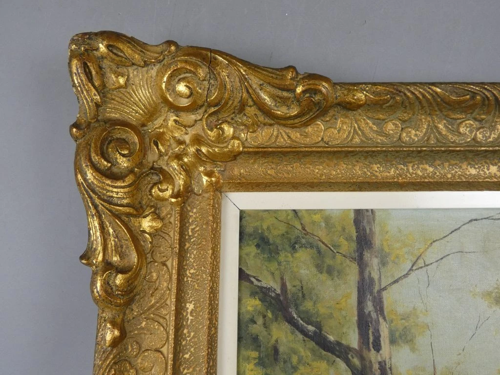 Schilderij met boslandschap in goudkleurige lijst - foto 5