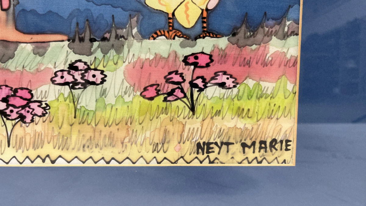 Monumentaal surrealistisch aquarel & inktwerk – Fantasielandschap met dieren en hemellichamen, gesigneerd Neyt Marie - foto 3