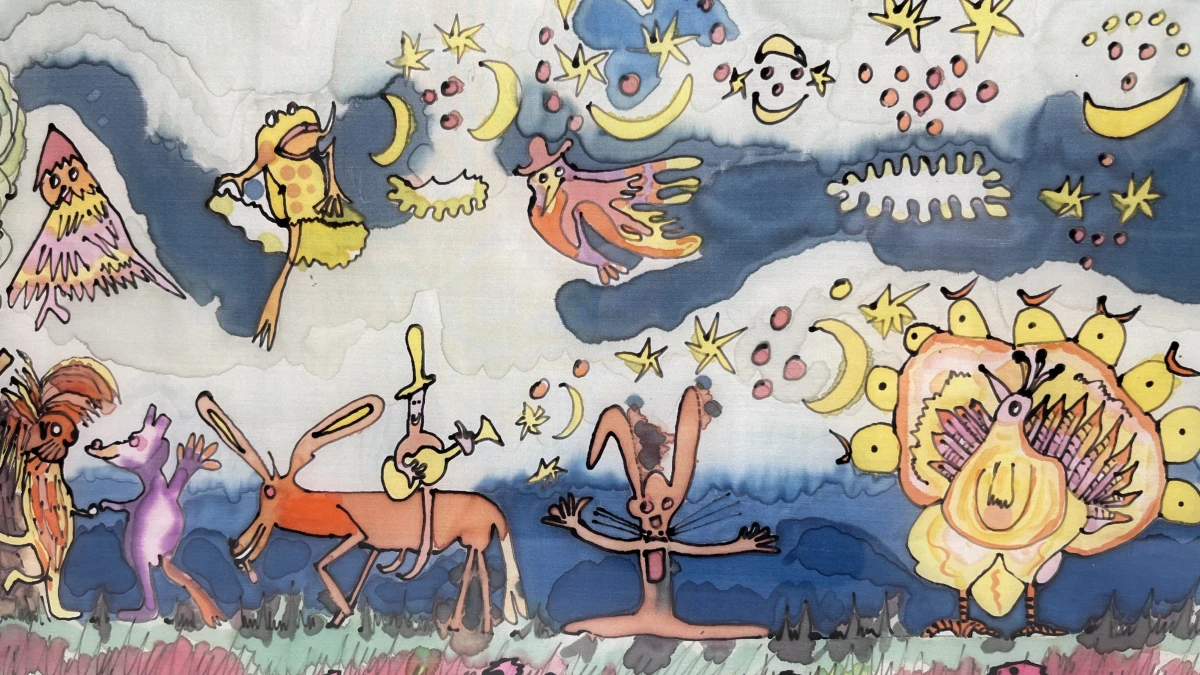 Monumentaal surrealistisch aquarel & inktwerk – Fantasielandschap met dieren en hemellichamen, gesigneerd Neyt Marie - foto 2