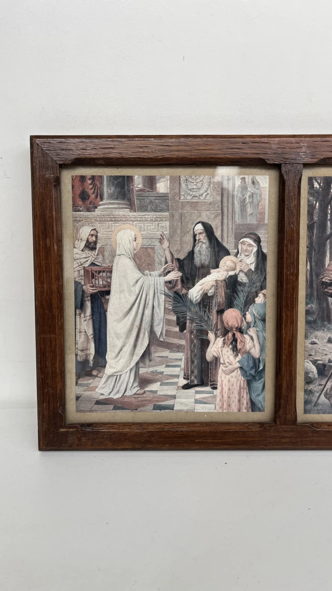Antiek religieus panoramisch paneel – Zeven Smarten van Maria (Septem Dolorum), chromolithografieën in neogotische eikenhouten lijst, ca. 1900 - foto 2