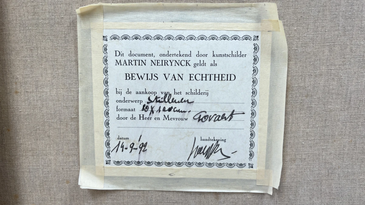 Monumentaal olieverfschilderij op doek – Jachtstilleven met fazant, wilde eend en bloemenvaas, gesigneerd Martin Neirynck (inclusief echtheidscertificaat, 1992) - foto 6