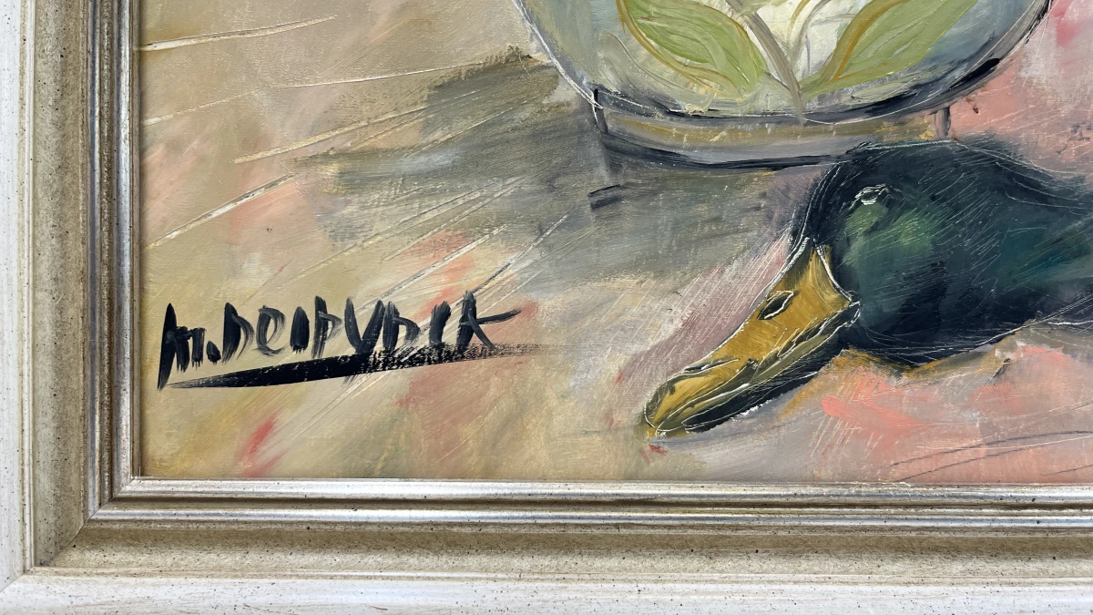 Monumentaal olieverfschilderij op doek – Jachtstilleven met fazant, wilde eend en bloemenvaas, gesigneerd Martin Neirynck (inclusief echtheidscertificaat, 1992) - foto 2