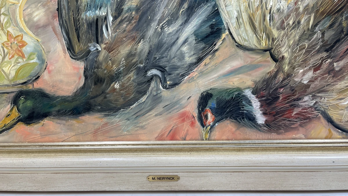 Monumentaal olieverfschilderij op doek – Jachtstilleven met fazant, wilde eend en bloemenvaas, gesigneerd Martin Neirynck (inclusief echtheidscertificaat, 1992) - foto 3