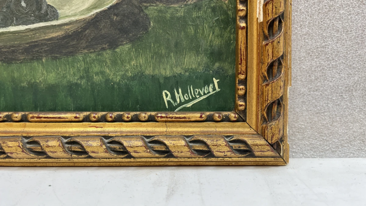 Vintage olieverfschilderij op paneel – Stilleven met meloen, druiven en aardewerken kruik, gesigneerd R. Hollevoet, midden 20e eeuw - foto 2