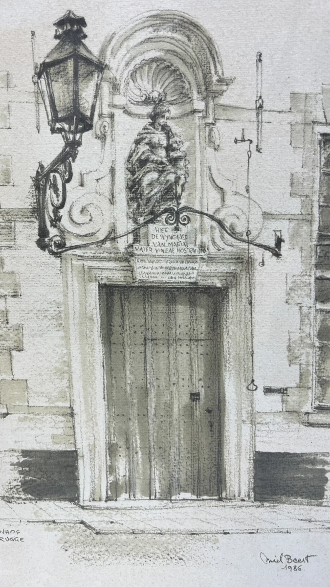 Vintage ingelijste tekening / lithografie – Poort van het Prinselijk Begijnhof Ten Wijngaerde te Brugge, gesigneerd Miel Baert, 1986 - foto 2
