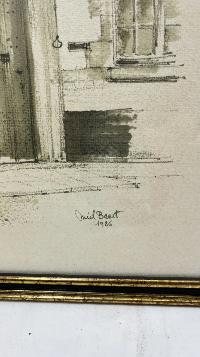 Vintage ingelijste tekening / lithografie – Poort van het Prinselijk Begijnhof Ten Wijngaerde te Brugge, gesigneerd Miel Baert, 1986 - foto 3