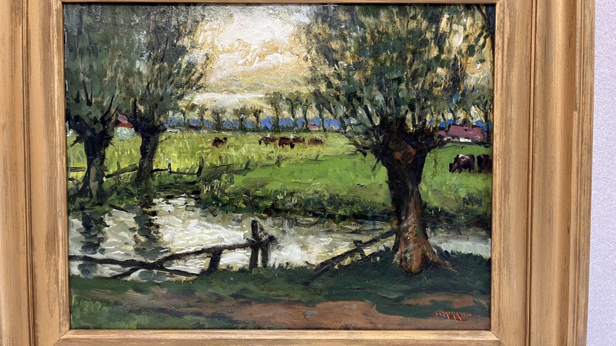 Vintage luministisch olieverfschilderij op doek/paneel – Vlaams weidelandschap met knotwilgen en vee langs de beek, gesigneerd L. Vande Kerckhove, 20e eeuw - foto 2