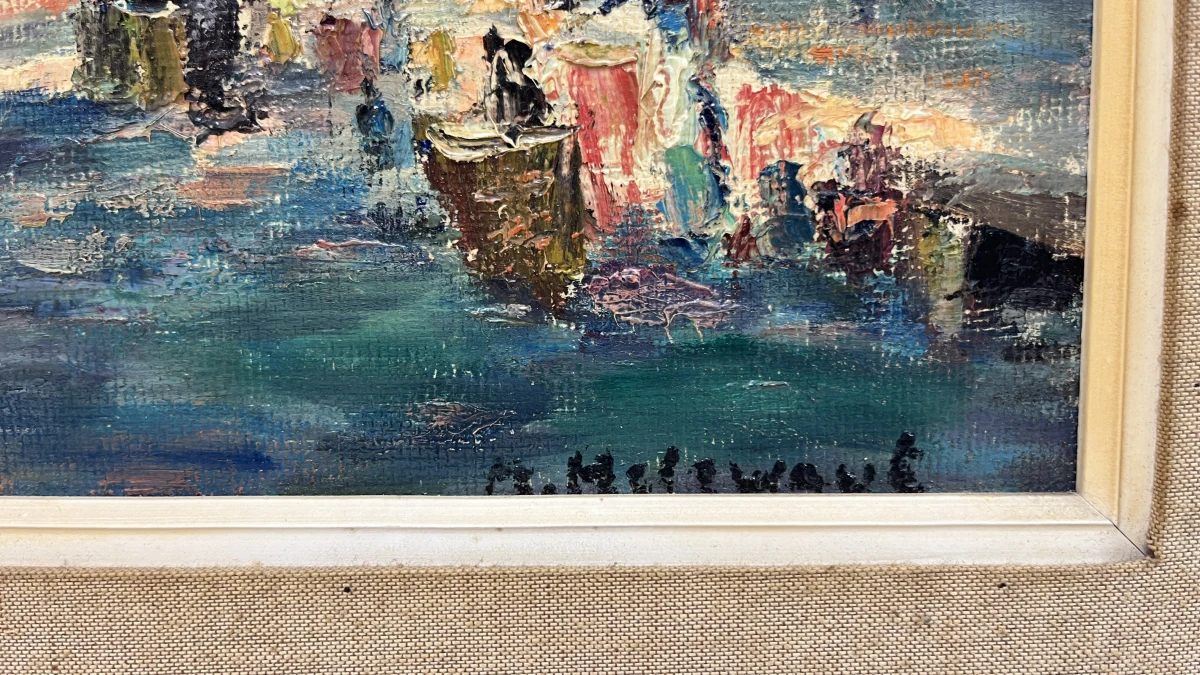 Vintage impressionistisch olieverfschilderij – Zonnig stadsplein met bomen en figuren, gesigneerd R. Hollevoet, midden 20e eeuw - foto 2