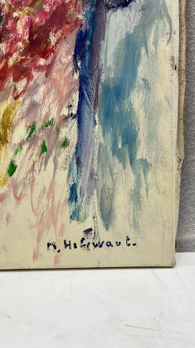 Vintage expressionistisch portretschilderij op doek – Portret van een jonge vrouw / man met sjaal, gesigneerd R. Hollevoet, midden/tweede helft 20e eeuw - foto 2