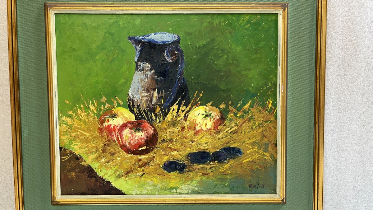 Vintage post-impressionistisch olieverfschilderij – Stilleven met aardewerken kan, appels en pruimen op strobed, gesigneerd Houf. H., 20e eeuw - foto 2