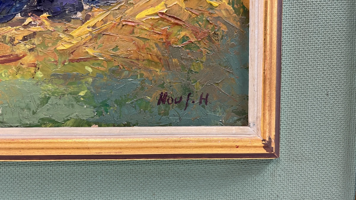 Vintage post-impressionistisch olieverfschilderij – Stilleven met aardewerken kan, appels en pruimen op strobed, gesigneerd Houf. H., 20e eeuw - foto 3