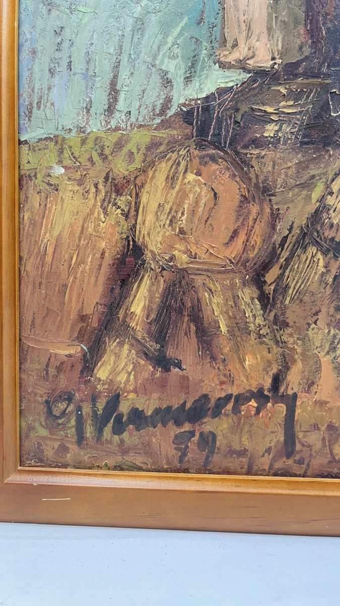 Vintage expressionistisch olieverfschilderij – Vlaamse staakmolen met korenmijten, gesigneerd & gedateerd '79 - foto 2