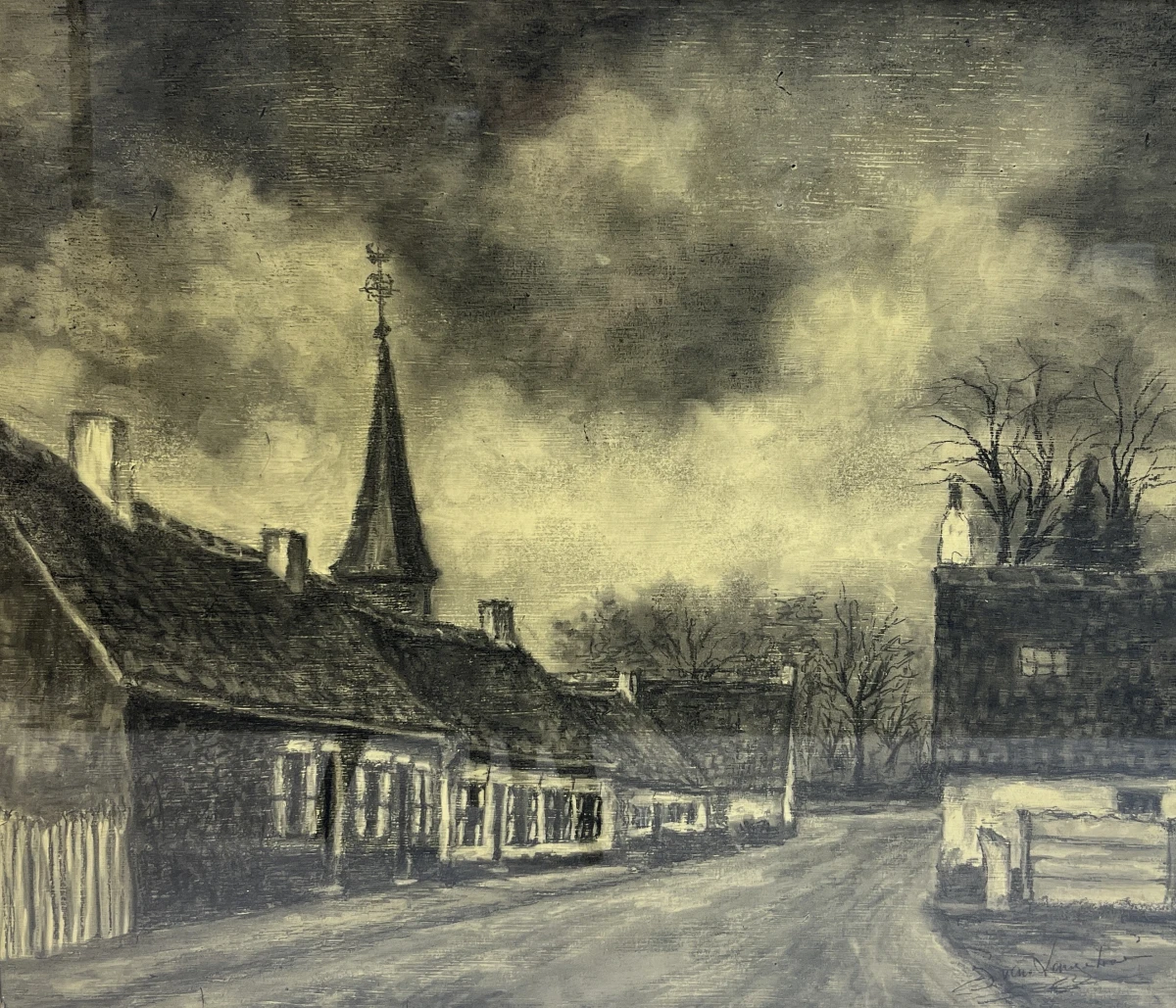 Ingelijst dorpsgezicht "Deurle Dorp" – Gesigneerd (D. Van Lancker) – Houtskool / Gewassen techniek op papier - foto 2