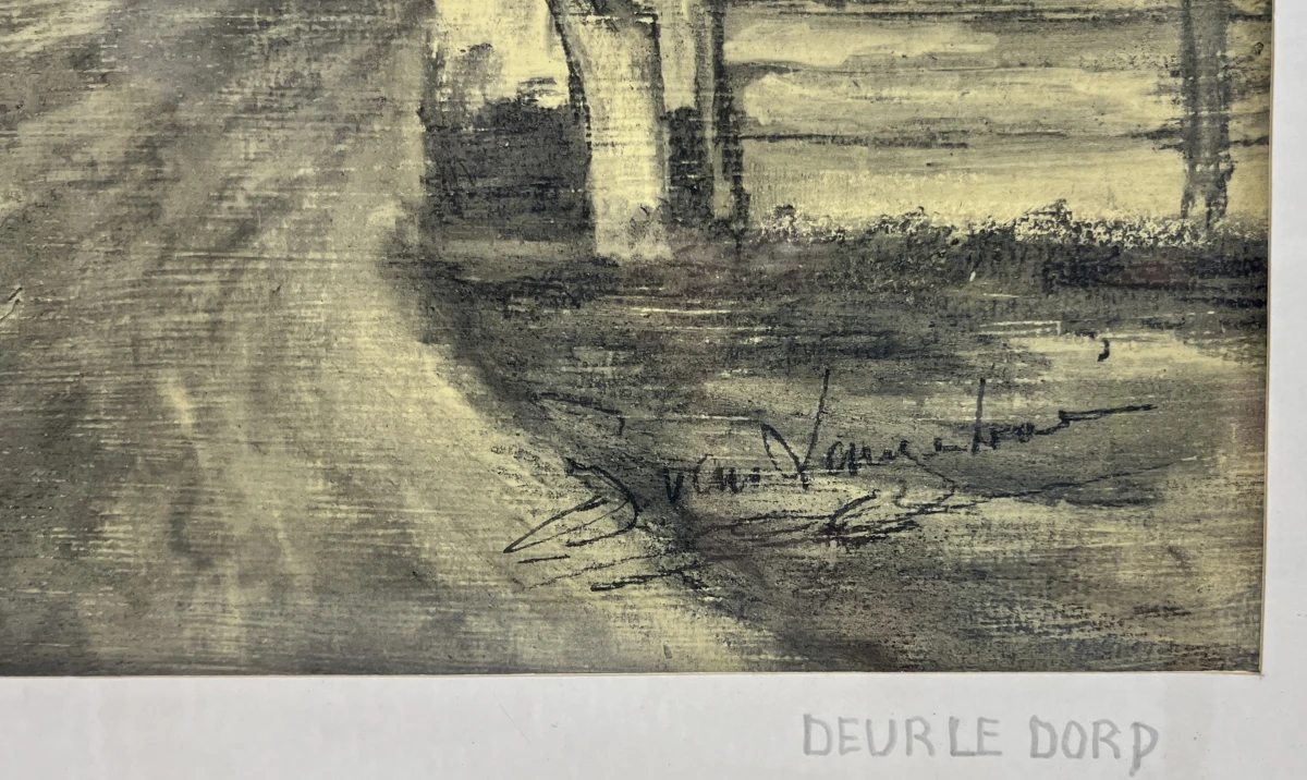 Ingelijst dorpsgezicht "Deurle Dorp" – Gesigneerd (D. Van Lancker) – Houtskool / Gewassen techniek op papier - foto 3