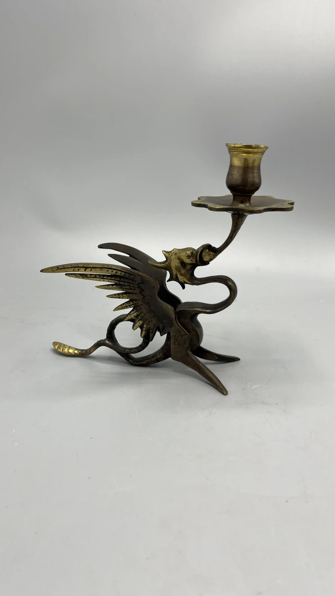 Kandelaar draak messing vintage tafelfiguur met vleugels - foto 2