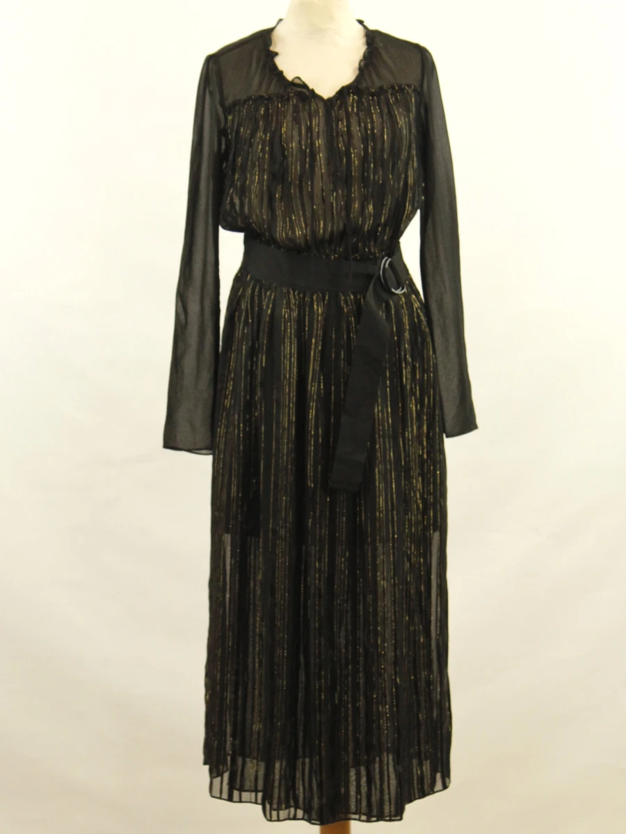 Sandro Paris - elegante zwarte midi-jurk met gouden lurexdraad en ceintuur - foto 2