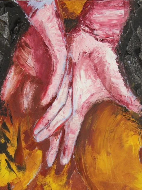 Expresieve goudkleurige vrouwentorso en handen in pasteuse techniek gesigneerd HUB Acryl op canvas