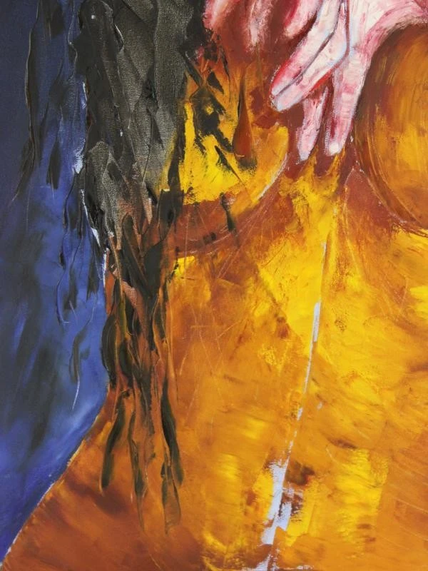 Expresieve goudkleurige vrouwentorso en handen in pasteuse techniek gesigneerd HUB Acryl op canvas