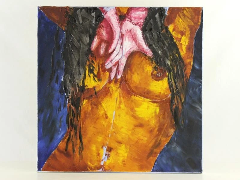 Expresieve goudkleurige vrouwentorso en handen in pasteuse techniek gesigneerd HUB Acryl op canvas