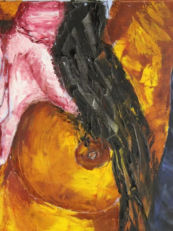 Expresieve goudkleurige vrouwentorso en handen in pasteuse techniek gesigneerd HUB Acryl op canvas